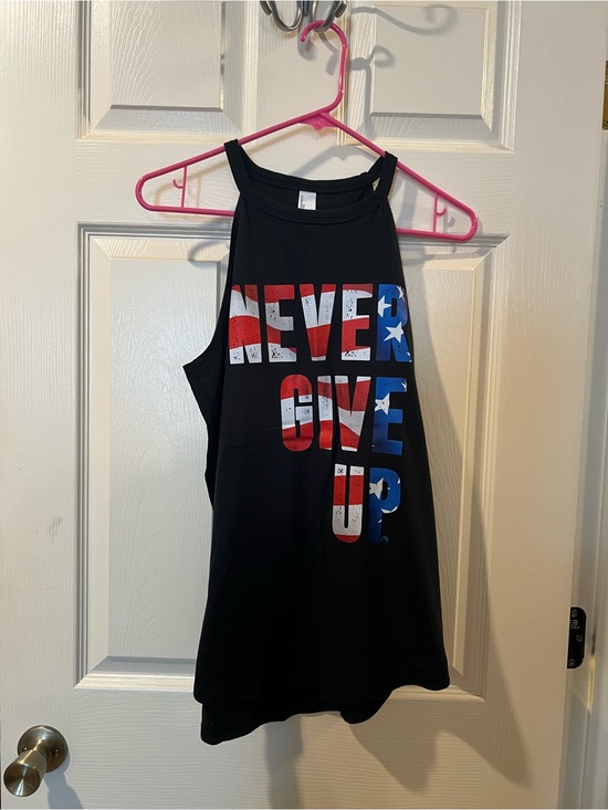 Tops - Black Tank Top with Patriotic "Never Give Up" Graphic